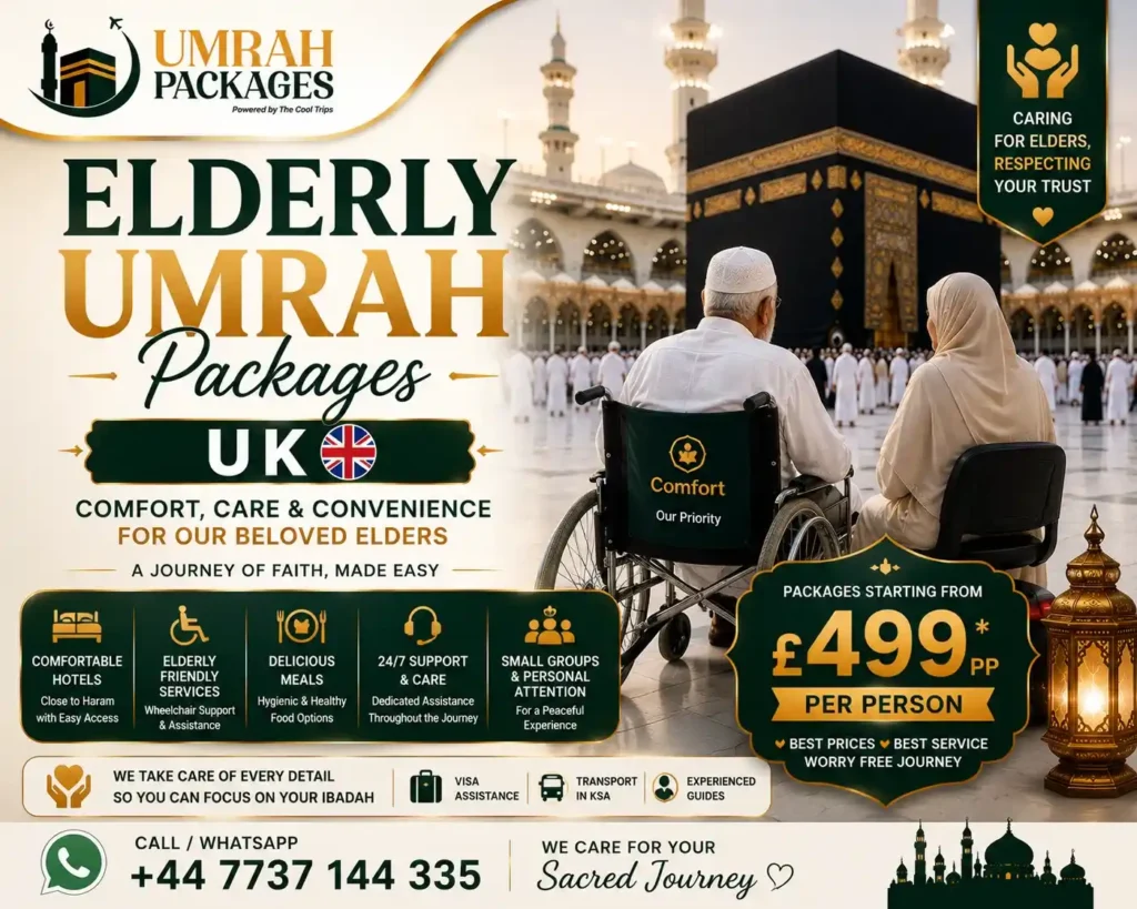 senior Umrah packages UK, Umrah for elderly UK, wheelchair Umrah packages UK, elderly Umrah from Manchester Birmingham London, accessible Umrah UK 2027, senior citizen Umrah UK, slow pace Umrah packages, Umrah for parents UK, Umrah for disabled UK, 7 nights elderly Umrah, 10 nights senior Umrah, 12 nights elderly Umrah packages, 14 nights senior Umrah, 4 star elderly Umrah UK, 5 star elderly Umrah near Haram, Umrah for 70 year olds UK, Umrah mobility assistance UK