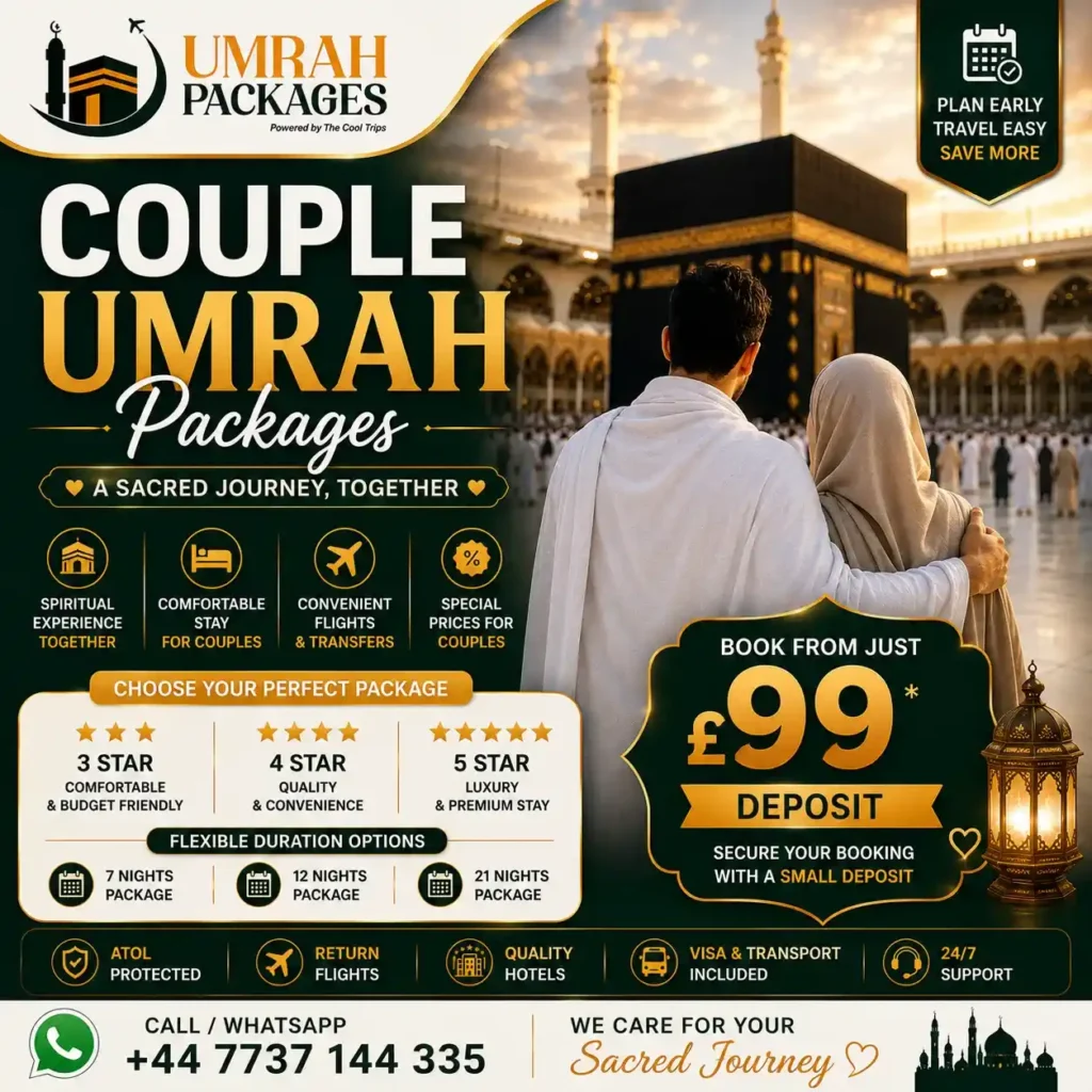honeymoon Umrah packages UK, newlywed Umrah UK 2027, married couple Umrah UK, cheap couple Umrah packages UK, husband and wife Umrah packages UK, anniversary Umrah UK, couple Umrah from Manchester Birmingham London, 7 nights couple Umrah, 10 nights couple Umrah, 12 nights couple Umrah, 14 nights couple Umrah, twin room Umrah UK, halal honeymoon Makkah Madinah, couple Umrah deals UK 2027, Umrah for married couples UK