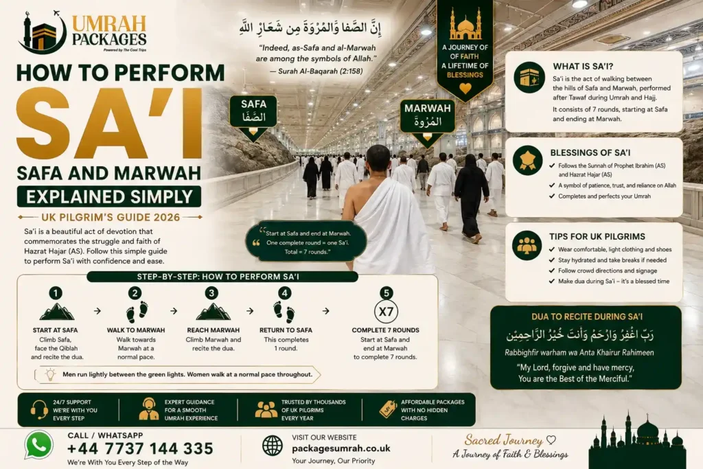 Safa and Marwah, Sa'i steps, how many laps Sa'i, what to recite during Sa'i, Sa'i rules, 3 star Umrah package, 7 nights Umrah package, 10 nights Umrah package, 12 nights Umrah package, 14 nights Umrah package, Sa'i mistakes, Sa'i Umrah guide UK, Safa Marwah distance, running between green lights, Sa'i wheelchair, Umrah packages UK 2026, cheap Umrah packages UK, Sa'i upper floor, Sa'i without Wudu