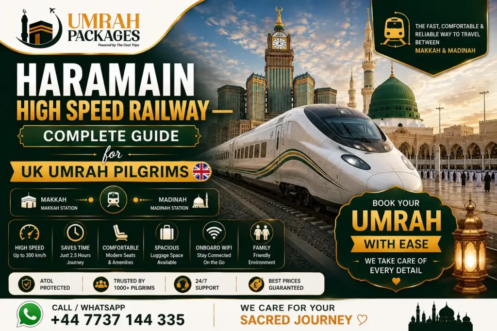 Haramain train UK Umrah 2027, Makkah to Madinah train UK pilgrim, Haramain railway ticket price GBP, how to book Haramain train, Haramain train economy vs business, Haramain train Jeddah airport to Makkah, Haramain train luggage rules, train Makkah Madinah Umrah UK, Haramain train guide for pilgrims, HHR train UK Umrah, Makkah Madinah railway UK pilgrim 2027