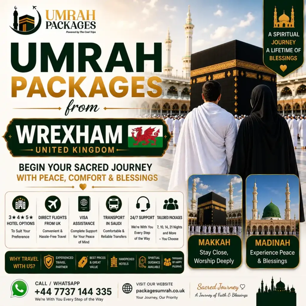 Umrah packages from Wrexham 2027, cheap Umrah Wrexham, Wrexham Umrah deals 2027, Umrah Manchester Airport Wrexham, Umrah Liverpool Airport Wrexham, North Wales Umrah packages, Wrexham Muslim Umrah 2027, Deeside Umrah, Flint Umrah, Mold Umrah, Llangollen Umrah, Rhyl Umrah North Wales, Colwyn Bay Umrah, Chester Umrah packages, cheap Umrah North Wales 2027, all inclusive Umrah Wrexham, 7 nights Umrah Wrexham, 10 nights Umrah Wrexham, 14 nights Umrah Wrexham, family Umrah Wrexham, group Umrah Wrexham, Ramadan Umrah Wrexham 2027