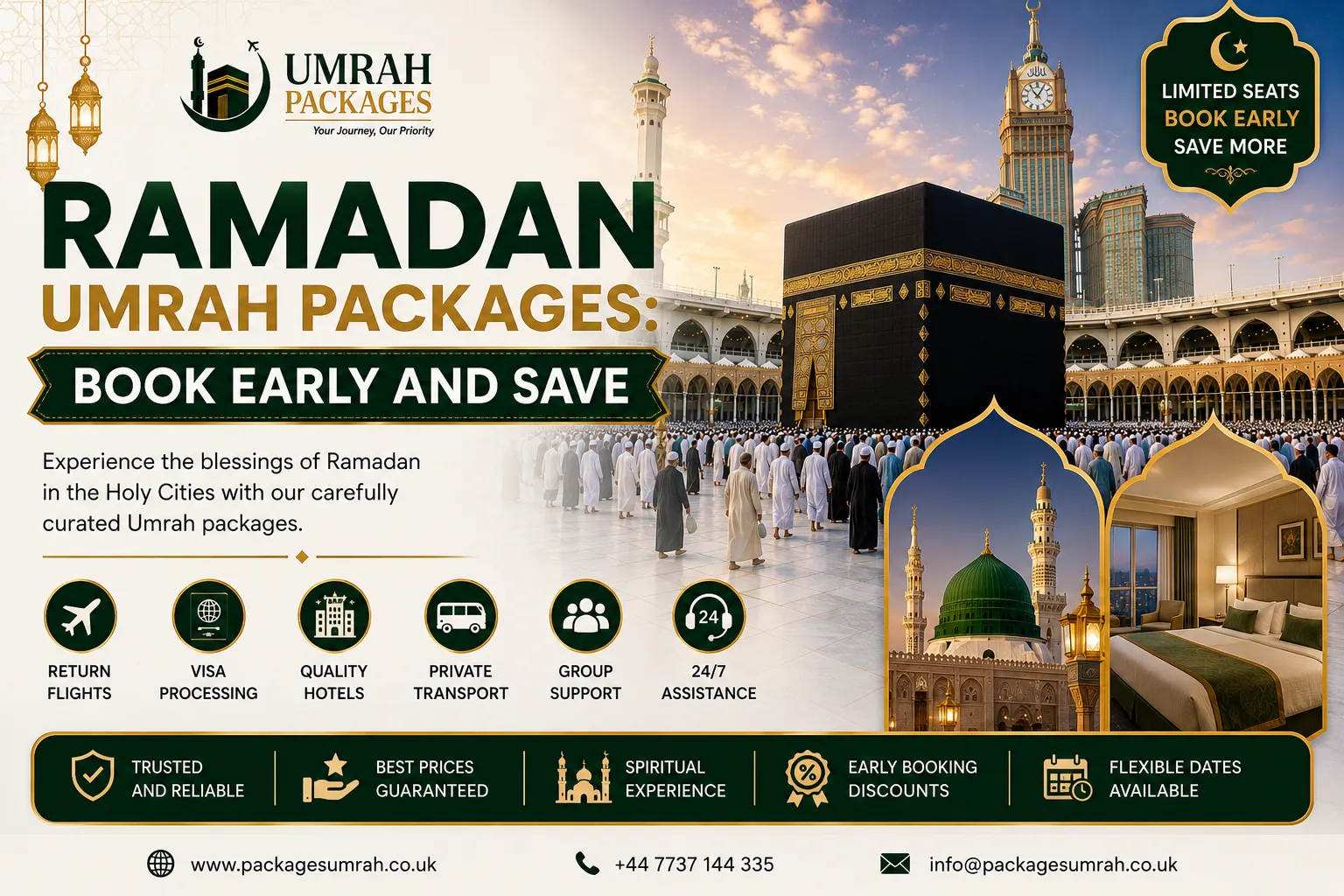 Ramadan Umrah packages, Ramadan Umrah 2027, UK Umrah packages, early booking Umrah, Makkah hotels near Haram, last ten nights Ramadan, first ten nights Umrah, middle ten nights Umrah, Eid Umrah packages, Umrah instalment plan UK, Umrah deposit, Umrah visa, Nusuk permits, Rawdah permit, cheap Umrah packages UK, family Umrah packages, Ramadan Umrah prices,